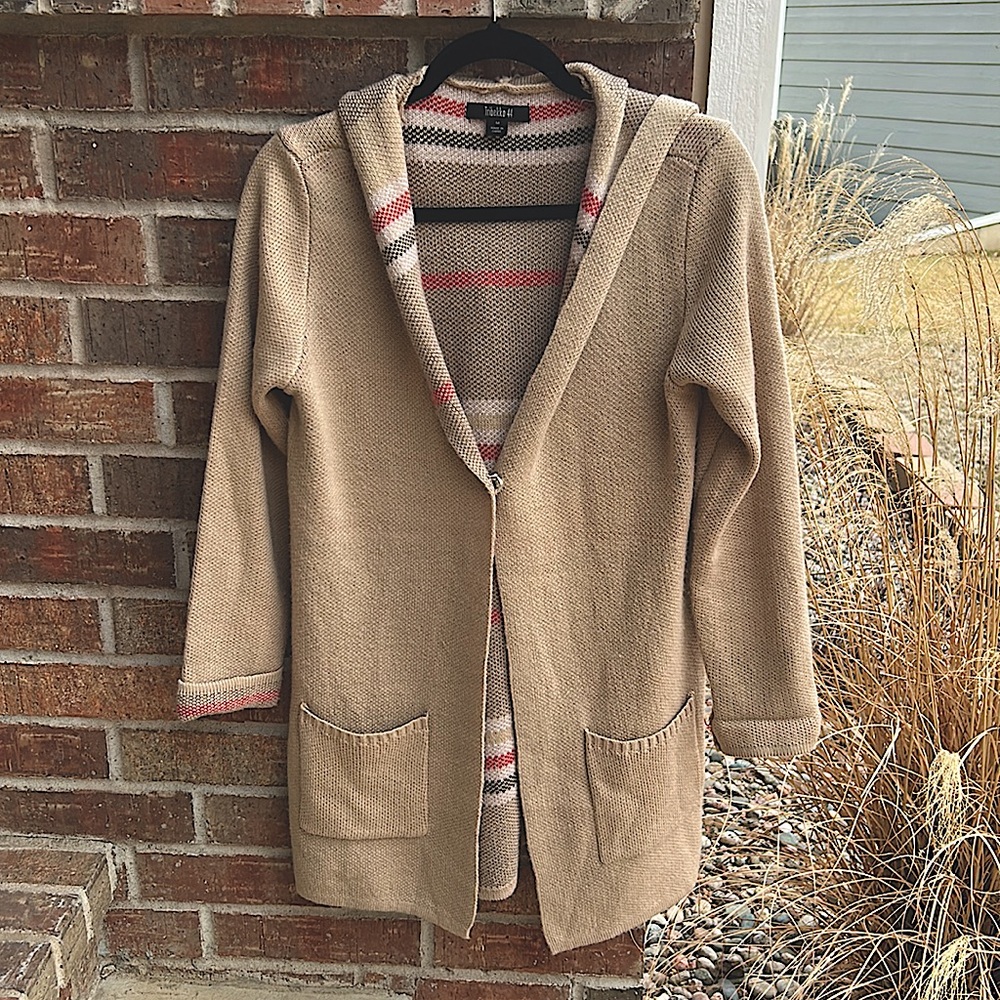 Tribekka 44 Ladies M Tan Hooded Open Sweater Pattern Cardigan